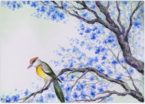 Tablou - Pasăre pe un copac cu flori albastre (70x50 cm)