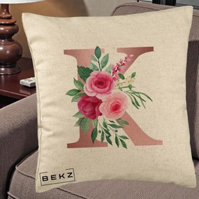 Cadou Personalizat - Perna Personalizata Monograma Rose Gold Litera K, 40x40 cm, Bej, Husa Detasabila, Perna Inclusa, BEKZ®