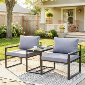 Outsunny Set Bistro Grădină 3 Piese pentru 2 Persoane, Masă și Scaune Exterior cu Șezut Textilen și Perne, Gri | Aosom Romania