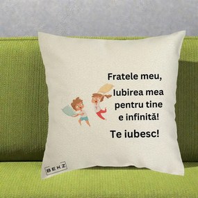 Cadou pentru Frate - Perna Personalizata Fratele Meu Te Iubesc Copii Batalie Perne, 40x40 cm, Ecru, Husa Detasabila, Perna Inclusa, BEKZ®