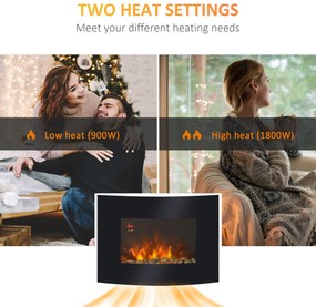 HOMCOM Șemineu Electric de Perete 900/1800W Încălzire cu Efect de Flacără 3D Reglabil, Șemineu Electric cu Lumină LED în 7 Culori, Telecomandă, Temporizator și Termostat, 30 m², Negru | Aosom Romania