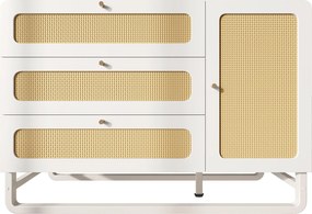 Comodă în stil rustic cu ratan și mânere aurii, 3 sertare și 1 ușă, 120x40x85 cm, Alb