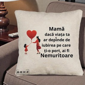 Cadou pentru Mama - Perna Personalizata Mama Nemuritoare cu Bebelus Kawaii, 40x40 cm, Bej Canapea, Husa Detasabila, Perna Inclusa, BEKZ®