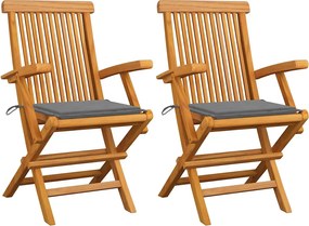 vidaXL Scaune de grădină cu perne gri, 2 buc., lemn masiv de tec