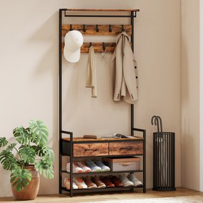 HOMCOM Cuier de Podea 5 în 1, 181,5 cm, cu Bancă și Suport pentru Încălțăminte, 10 Cârlige, Metal, Maro Rustic | Aosom Romania