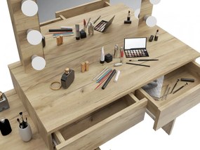 Masuta machiaj cu Oglinda LED si 5 Sertare pentru Cosmetice, Set Masa toaleta 112 cm, Stejar, masuta cosmetica, vanity - SEM510