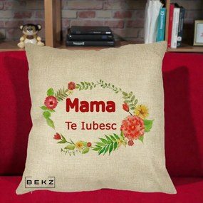 Cadou pentru Mama - Perna Personalizata Mama Te Iubesc Flori Rosii, 40x40 cm, Crem, Husa Detasabila, Perna Inclusa, BEKZ®