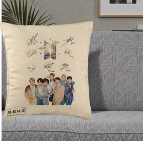 Perna Personalizata K-pop BTS Autografe Toti Membrii Fotografie, 40x40 cm, Bej, Husa Detasabila, Perna Inclusa, BEKZ®