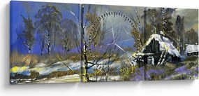 Tablou -Cabane într-un peisaj de iarnă, pictură în ulei (cu ceas) (90x30 cm)
