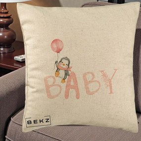 Perna Personalizata Baby Pinguin Roz, 40x40 cm, Bej, Husa Detasabila, Perna Inclusa, BEKZ®