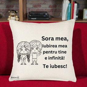 Cadou pentru Sora - Perna Personalizata Sora Mea Te Iubesc Copii Anime Line Art, 40x40 cm, Crem Reliefat, Husa Detasabila, Perna Inclusa, BEKZ®