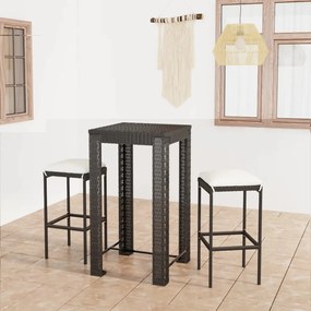Set mobilier bar de gradina cu perne, 3 piese, negru, poliratan
