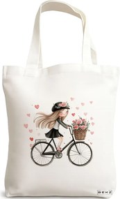 Sacosa de Panza pentru Cumparaturi, Geanta Tote, model Happy cycling girl 38 x 34.5 cm, Alba, BEKZ®