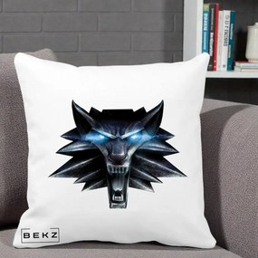 Perna Decorativa The Witcher Wolf Head, 40x40 cm, Alba Mata, Husa Detasabila, Perna Inclusa, BEKZ®