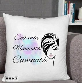 Cadou pentru Cumnata - Perna Personalizata Cea mai Minunata Cumnata cu Silueta Dama si Pete Multicolor, 40x40 cm, Alb Pufos, Husa Detasabila, Perna Inclusa, BEKZ®