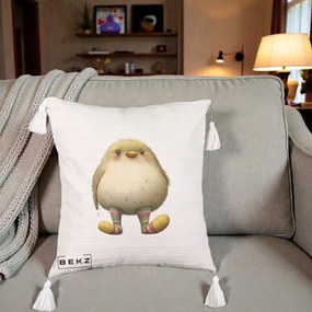 Perna Decorativa Pui Pufos cu Sosete Dungate, 40x40 cm, Bej cu Franjuri, Husa Detasabila, Perna Inclusa, BEKZ®