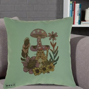 Perna Decorativa Ciuperca Pisica Boho, 40x40 cm, Verde, Husa Detasabila, Perna Inclusa, BEKZ®
