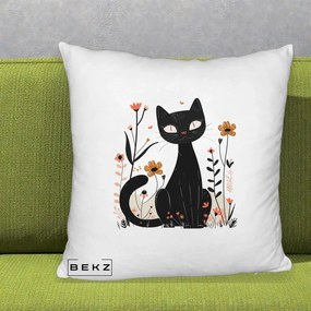Perna Decorativa Pisica Neagra Flori Pastel Folk, 40x40 cm, Alb Pufos, Husa Detasabila, Perna Inclusa, BEKZ®
