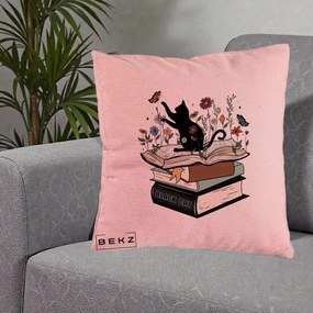 Perna Personalizata Pisica Neagra Carti Flori Fluturi, 40x40 cm, Roz, Husa Detasabila, Perna Inclusa, BEKZ®