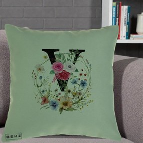 Cadou Personalizat - Perna Personalizata Monograma Florala Litera V cu Coroana, 40x40 cm, Verde, Husa Detasabila, Perna Inclusa, BEKZ®
