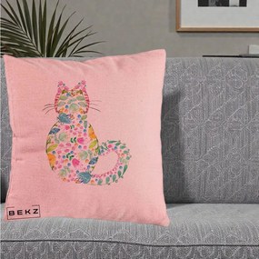 Perna Decorativa Pisica Florala Acuarela, 40x40 cm, Roz, Husa Detasabila, Perna Inclusa, BEKZ®