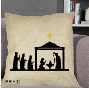 Perna Decorativa Nasterea Pruncului Silueta Neagra si Stea Aurie, 40x40 cm, Crem, Husa Detasabila, Perna Inclusa, BEKZ®
