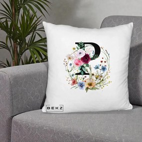 Cadou Personalizat - Perna Personalizata Monogram Litera P cu Flori Acuarela, 40x40 cm, Alb Pufos, Husa Detasabila, Perna Inclusa, BEKZ®