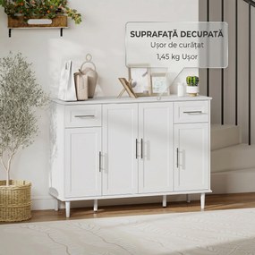 HOMCOM Mobilier de Sufragerie, Credență cu 2 Sertare și 3 Dulapuri cu Rafturi Reglabile, Comodă cu Picioare din Pin pentru Sala de Mese și Bucătărie, 120x38x86 cm, Alb | Aosom Romania