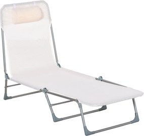 Outsunny Șezlong Pliabil cu Spătar Reglabil pe 5 Nivele și Pernă, Șezlong de Grădină cu Material Texteline, pentru Plajă, Piscină, Grădină, 182x56x28 cm, Crem | Aosom Romania