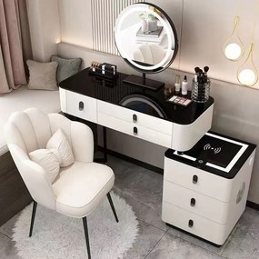 RESIGILAT Set Margot, Masă de toaletă pentru machiaj cu oglindă iluminată LED, control touch, 6 sertare, comoda, scaun, Difuzor Bluetooth, zona încărcare fără fir, Alb