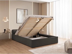 Pat matrimonial gri închis tapițat cu spațiu de depozitare cu somieră 200x200 cm Cille – Ropez