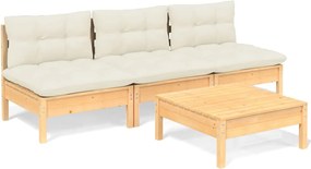 vidaXL Set mobilier grădină cu perne crem, 4 piese, lemn de pin