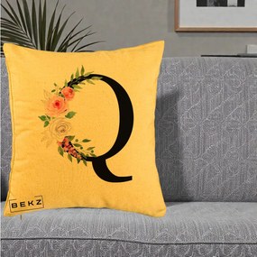 Cadou Personalizat - Perna Personalizata Monograma Florala Litera Q, 40x40 cm, Galben, Husa Detasabila, Perna Inclusa, BEKZ®