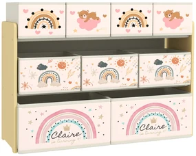 AIYAPLAY Etajeră Depozitare Jucării cu 3 Niveluri și 9 Cutii de Țesătură, Mobilier Depozitare Jucării, 93x30x70 cm, Galben | Aosom Romania