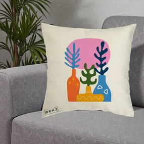 Perna Decorativa Vaze Botanice Abstract, 40x40 cm, Ecru, Husa Detasabila, Perna Inclusa, BEKZ®