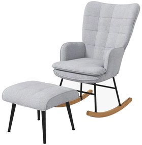 HOMCOM Fotoliu cu leagăn și otomană în design scandinav Fotoliu cu taburet, Lemn de fag, Captuseală, 64 cm x 89 cm x 90 cm Gri | Aosom Romania
