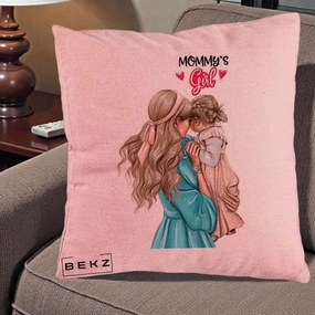 Cadou pentru Mama - Perna Personalizata Mommy's Girl Mama si Fetita, 40x40 cm, Roz, Husa Detasabila, Perna Inclusa, BEKZ®