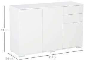 HOMCOM Mobilier Multiuz Alb, pentru Sufragerie Bucătărie Birou, 2 Sertare și 2 Uși, Deschidere Prin Apăsare, 117x36x74cm | Aosom Romania