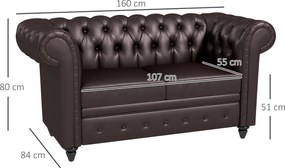 HOMCOM Canapea cu 2 locuri in stil Chesterfield din piele ecologica, lemn si metal, canapea clasica cu perna detasabila, 160x84x80 cm, maro
