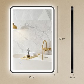 HOMCOM Oglindă de baie LED 90 x 60 cm, lumini, 3 culori, reglabilă, funcție memorie, orizontală și verticală, negru | Aosom Romania