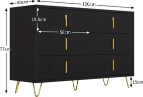 Bufet cu 6 sertare, mânere și picioare aurii, textură ondulată, 120x40x77 cm, Negru+Aurii