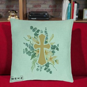 Perna Personalizata Cruce Florala Botez, 40x40 cm, Verde Menta, Husa Detasabila, Perna Inclusa, BEKZ®