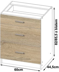 Dulap inferior de bucătărie Lula s60 sz3 (Alb mat + stejar sonoma). 1068767