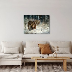 Tablou pe sticlă - Tigru într-o pădure înzăpezită, pictură în ulei (70x50 cm)