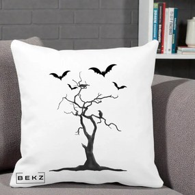 Perna Decorativa Halloween Copac cu Lilieci Alb-Negru, 40x40 cm, Alba Mata, Husa Detasabila, Perna Inclusa, BEKZ®