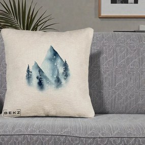 Perna Decorativa Munti Inzapeziti Acuarela Indigo, 40x40 cm, Bej Canapea, Husa Detasabila, Perna Inclusa, BEKZ®