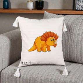 Perna Decorativa Triceratops Portocaliu, 40x40 cm, Bej cu Franjuri, Husa Detasabila, Perna Inclusa, BEKZ®