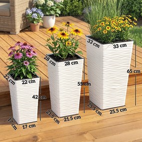 Outsunny Set de 3 Ghivece de Exterior Suprapozabile cu Model Ondulat, Ghivece Pătrate din Plastic pentru Flori cu Orificii de Drenaj, 42/55/65 cm, Alb, Negru, Maro | Aosom Romania