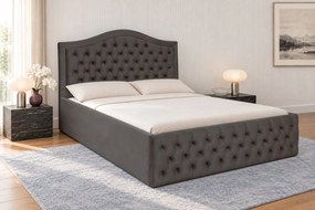 Pat tapițat din catifea Solaria 140×200 cm, gri închis, cu ladă de depozitare