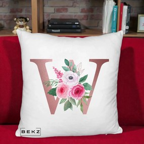 Cadou Personalizat - Perna Personalizata Monograma Rose Gold Litera W cu Trandafiri si Anemona, 40x40 cm, Alb Pufos, Husa Detasabila, Perna Inclusa, BEKZ®